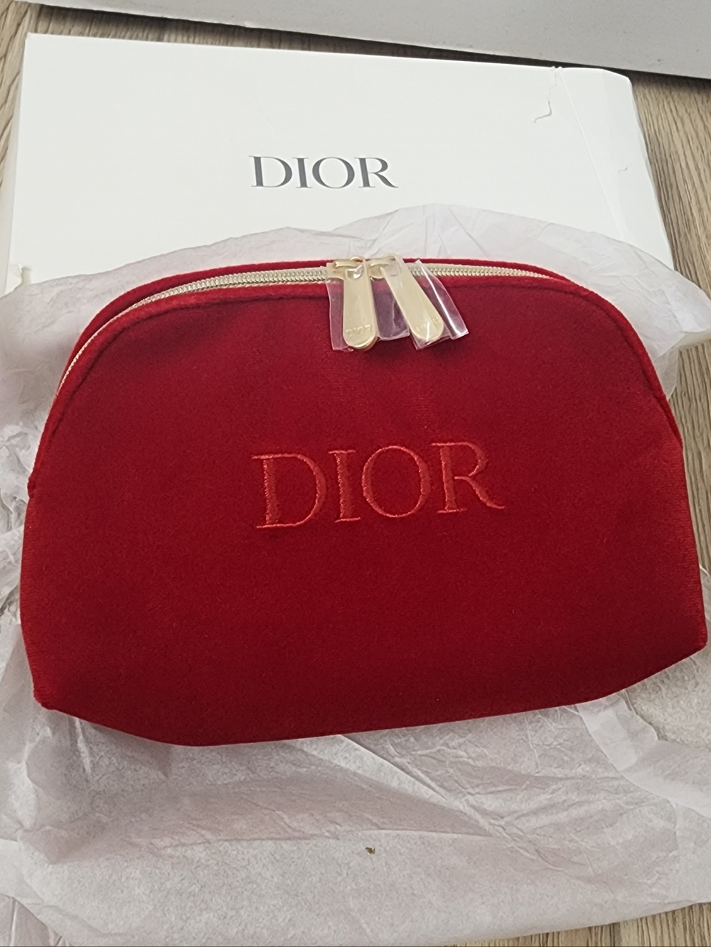 Dior Beauty Embossed Logo Red Velvet Cosmetic Makeup Bag Zippered Pouch NIB